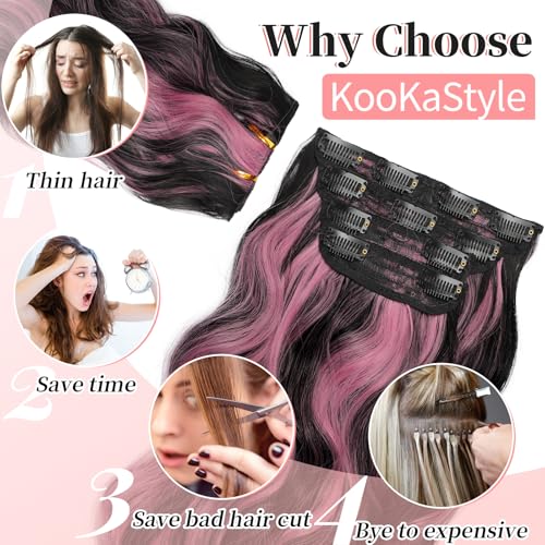 Image of KooKaStyle Wavy Thick Clip in Hair Extensions 20 inch Natural Black Pink | 4 Pieces Clip in Extensions,Fiber Double Weft Hairpieces,Natural Volume,Beach Wave Long Synthetic Hairpieces for Women