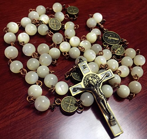elegantmedical HANDMADE NICE Moonlight Mother of Pearl Beads St. Benedict Rosary necklace bronze Cross gift box Gift4