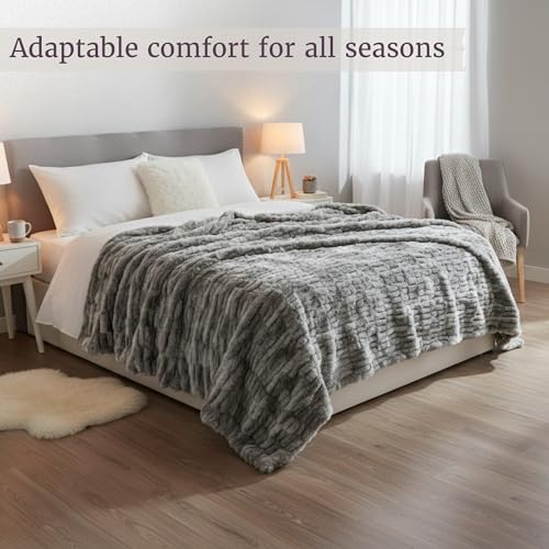 Image of Lavish Home Oversized Ruched Faux Fur Blanket - 60x80-Inch Plush Polyester Faux Fur Queen-Size Throw for Sofas and Beds - Luxurious Bedding (Silver)