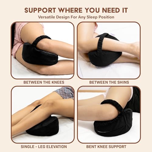 Image of Orthopedic Knee Pillow for Side Sleeping Black- (2 Years Warranty) Adjustable Strap, Memory Foam with Washable Zip Cover, Pain Relief, Hip, Back Knee Support, Knock Knee Pillow for Leg Support