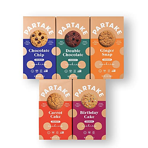 Partake Foods Crunchy Vegan Cookies â€“ 5 Box Variety Pack | Vegan & Gluten Free | Dairy Free, Nut Free, Egg Free, Wheat Free, Soy Free, Fish Free | Allergy Friendly Cookies | Safe School Snack for Kids
