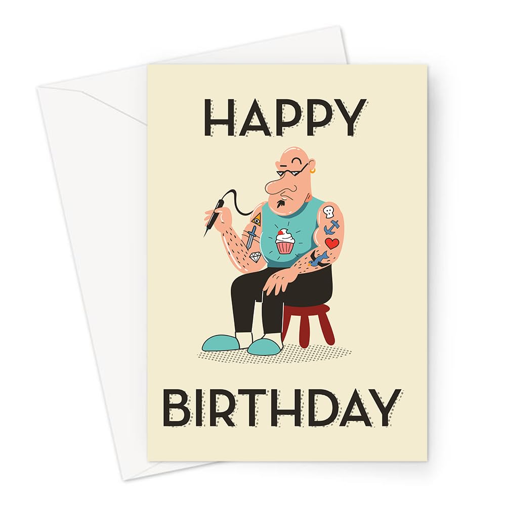 Happy Birthday Tattoos Greeting Card | Man with Tattoos and Tattoo Pen Happy Birthday Card, Hobby Birthday Card for Tattoo Artist
