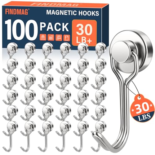 FINDMAG 100 Pack Magnetic Hooks, 30lbs+ Magnetic Hooks for Cruise Cabins, Heavy Duty Strong Neodymium Swivel Swing Hooks for Refrigerator, Grill, Home Supplies, Kitchen Organization - Silver