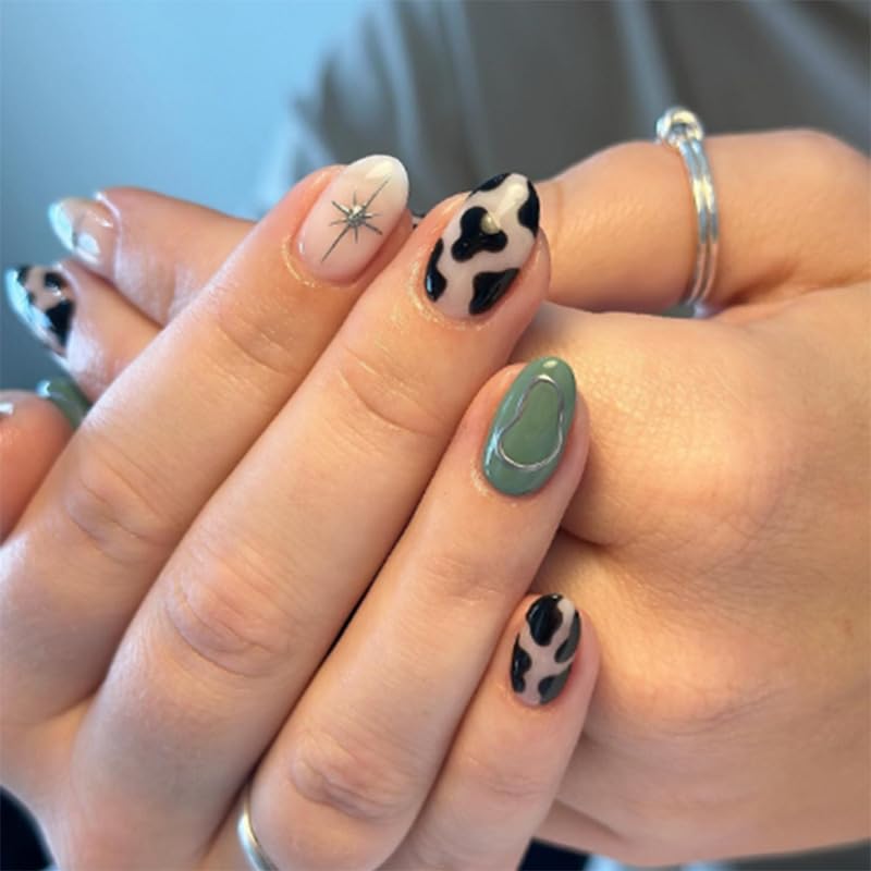 24pcs Short Oval False Nails Cow Print Press on Nails Silver Star Stick on Nail Removable Glue on Acrylic Fake Nail Tips Accessories for Women
