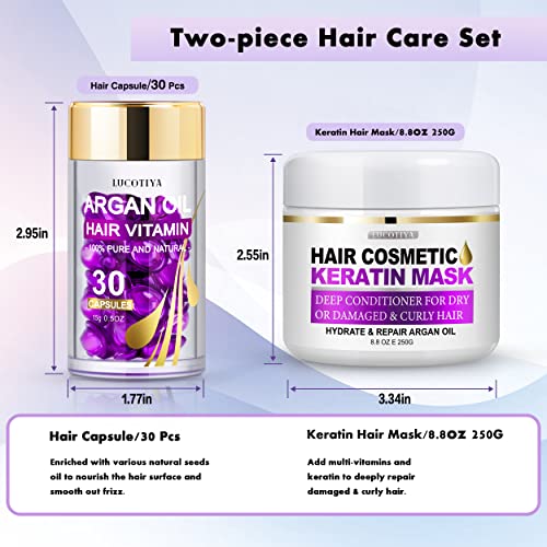 Lucotiya Deep Conditioning Keratin Hair Mask And Hair Serum Capsules - Set Of Hair Care For Dry Damaged Hair - Argan Oil Deep Moisturizing Hair Treatment For Curly Straight Fine Hair #TOP1