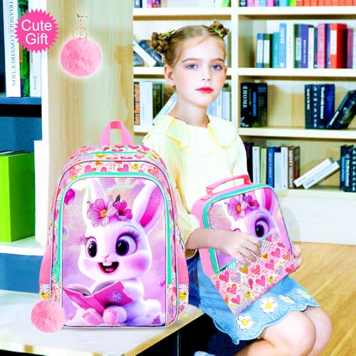 Image of CCJPX 3Pcs Bunny Backpack for Girls, 16 inch Kids Bookbag with Lunch Box, Water Resistant Elementary School Bag for Kindergarten Preschool Toddler (Pink)