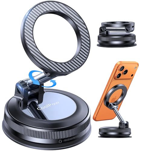 Coolpow for MagSafe Car Mount【Strongest Magnets】 Magnetic Car Phone Holder with Vacuum Suction Cup car Phone Mount【Easily Install】 Foldable Phone Stand for iPhone 17 Pro Max/Air/Windscreen/Mirror