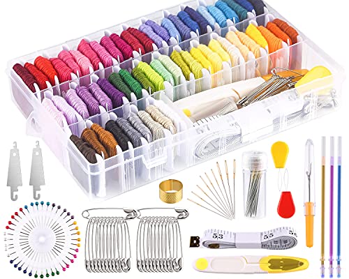 MIAHART 158 piezas de hilo de bordar con caja de almacenamiento del organizador, 57 hilos de bordado de color y kits de herramientas de punto de cruz para hacer cadenas de pulseras