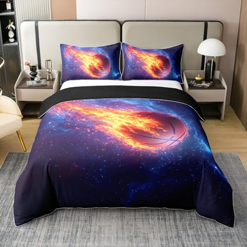 Cotton 3D Basketball Duvet Cover Queen for Kids Boys Teens,Universe Flame Sport Ball 3 Pieces Duvet Cover,Glitter Galaxy Sky Comforter Cover (Not Comforter),Kids Kids Basketball Sky Quilt Cover