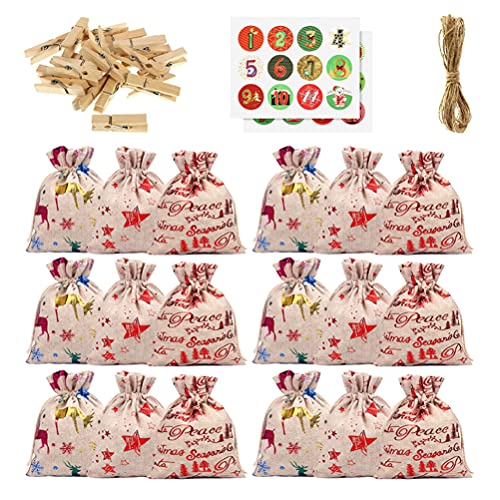 Toddmomy 24 Jours De Noël Calendrier de L' De Bonbons Sacs avec Cadeau Autocollants Clips Chanvre Corde Noël Linge De Cadeau Cordon Sacs de Fête De Noël Suspendus Décoration Party Cover