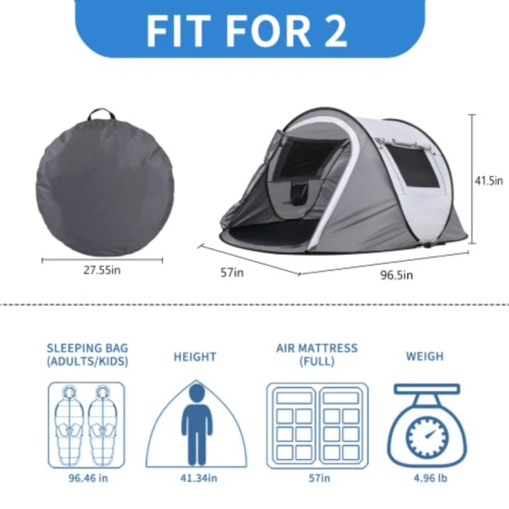 Carpa de camping pop up para 2 personas, blanca y gris miniatura 3