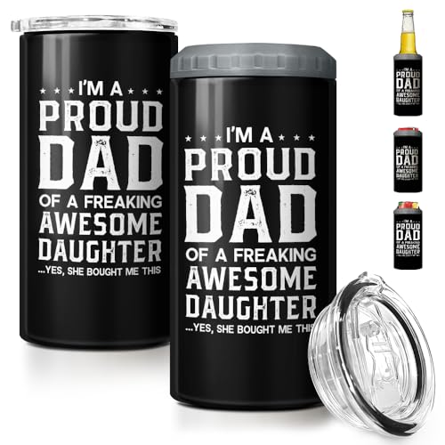 Image of SANDJEST 4-in-1 Dad Tumbler Gifts for Dad from Daughter - 12oz Funny Proud Dad Can Cooler Tumblers Cup - Stainless Steel Insulated Cans Coozie Travel Mug Christmas, Birthday, Father's Day Gift