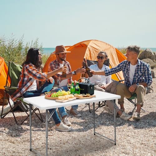 Image of Byliable Folding Table 4 Foot Portable Heavy Duty Plastic Fold-in-Half Utility Table Small Indoor Outdoor Adjustable Height Folding with Carrying Handle, Camping and Party,White