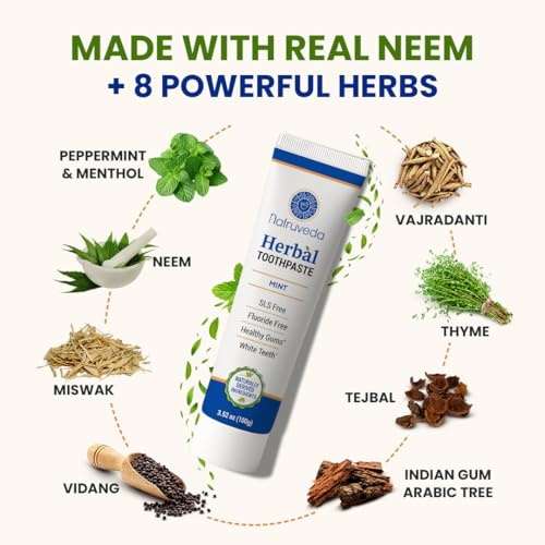 Image of Natruveda Neem Herbal Toothpaste with Complimentary Copper Tongue Scraper | Fluoride Free, SLS Free, Natural Toothpaste for Adults | Ayurvedic Oral Care with Mint & 8 Herbal Ingredients | 3.52 oz