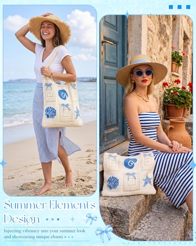 Bolsa de Playa tejida estilo crochet azul para mujeres miniatura 6