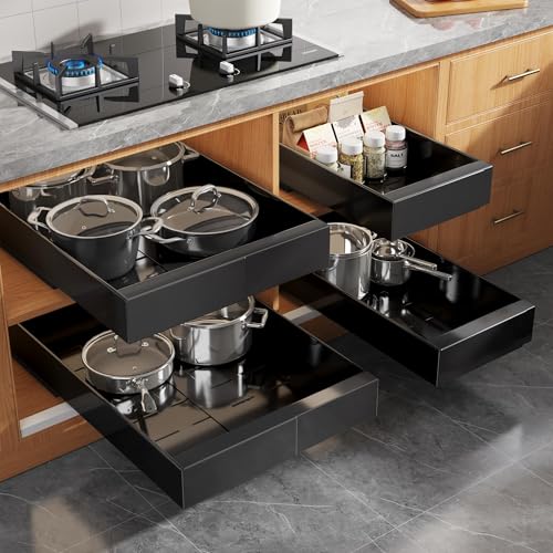 4 Pack Expandable Width (9"-14.1") Pull Out Cabinet Organizer 21" Deep with Raising Pad for Framed Cabinets, Upgrade 3 Slide Rails Slide Out Drawers, Roll Out Shelves Adhesive, Black