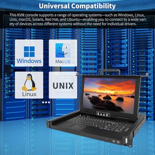 Image of 4 Port Rack Mount KVM Console with 15.6'' 1080P Monitor, 1U VGA KVM Switch Drawer for 24-Inch Deep Network Cabinet,OSD Hotkey Button Switching,Compatible with Windows,Linux,Mac,Sun,etc,Cables Included