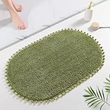 YIRDDEO Olive Green Pom Bath Rug for Bathroom Non Slip, Cute Boho Pom Oval Absorbent Shower Mat, Plush Soft Washable Rug (20x30 inches)