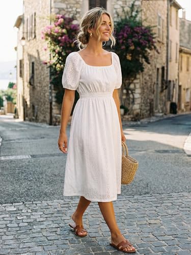 Image of Seta T Women's Summer Eyelet Dresses Square Neck Short Sleeve Casual A Line Midi Dress