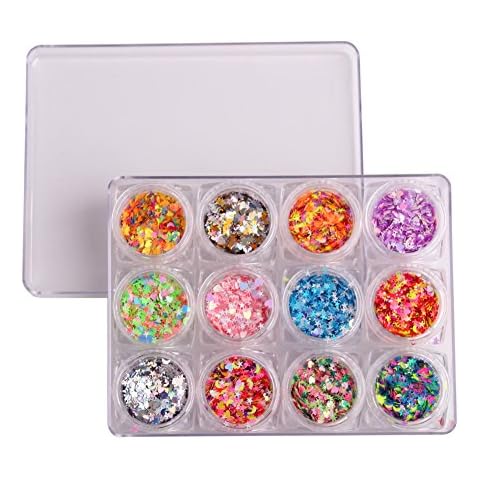 WOKOTO 12 Jars Multi-shape Nail Art Sequins Glitter Powder Mix Color Stars Shape Heart Shape Crescent Shape Colourful Nail Manicure Nail Art Decorations Paillette Cover