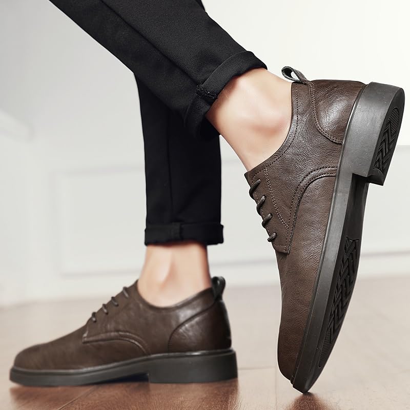 Oxford Shoes for Men Lace Up Round Toe Vegan Leather Derby Shoes Low Top Anti-Slip Slip Resistant Party(Khaki,7)4