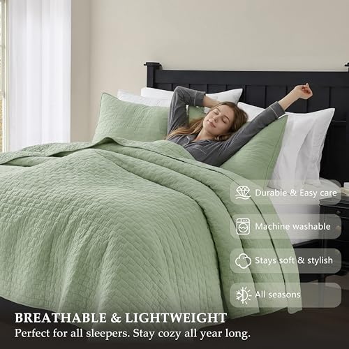 Image of palassio Sage Green 100% Cotton Quilt King Size Bedding Sets with 2 Pillow Shams, Textured Lightweight Soft Bedspread Shabby Chic Coverlet, Quilted Comforter Bed Cover for All Season, 3 Pieces