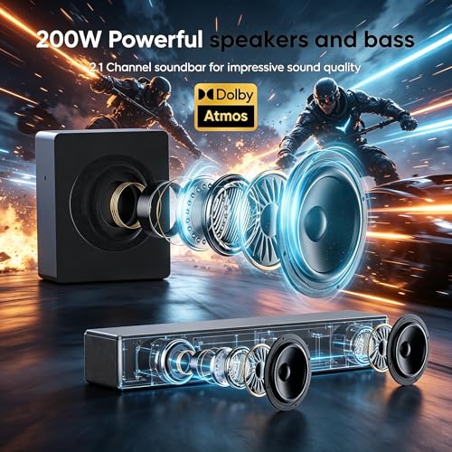 Image of GEOYEAO 2.1 CH Sound bar with Subwoofers, 100W Sound Bar for Smart TV, Dolby Atmos Surround Sound System, Adjustable Home Theater Bluetooth Speaker, for TV /Projector /PC