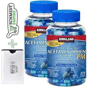 Acetaminophen PM 500 mg Kirkland Signature, Extra Strength Rapid Release (Compare to Extra Strength Tylenol) 375 Ct + 1 Card Protector SchmiidtEmpire + Sticker (Pack of 2)