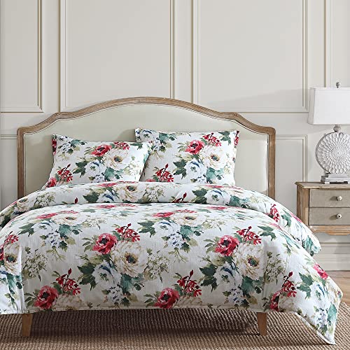 Hiend Accents Floral Bedding Peony Washed Linen 3 Piece Super King Size Comforter Set, Cottage Garden Botanical Rose Print Bed Set, Women Girls Flower Comforter With Pillow Shams #TOP1