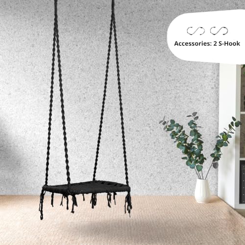 Image of Swingzy Cotton Pine Single Seater Swing Chair /Hanging Swing Chair for Home, Indoor, Outdoor, Patio, Balcony, Garden /Swing for Home /Jhula for Adults /Free Hanging Accessories (58x46,145 Cm, Black)