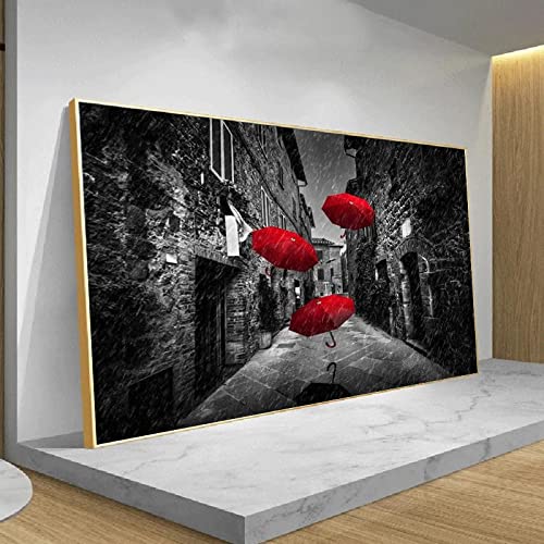 Toile peinture parapluies rouges et vieilles rues art mural vintage salon 60x80cm