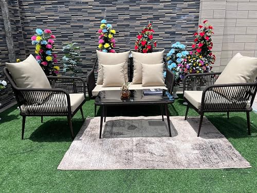 Image of LOCCUS 4-Piece Outdoor Rope Patio Furniture Set - All-Weather Waterproof Conversation Set with Cushions, Modern Woven Bistro Set for Balcony, Lawn, Garden, or Terrace (Brown & Beige)