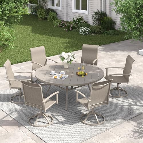 Image of VICLLAX 47.2 inch Outdoor Round Patio Table for Lawn Garden, All Weather Metal Round Outdoor Dining Table with Adjustable Umbrella Hole, 6 Person Patio Table, Sandshell