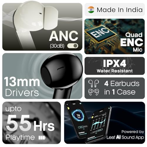 Image of Leaf Buds X714 True Wireless 4 in 1 Earbuds with ANC, AI Sound App, 70H Playtime, Active Noise Cancellation (30dB), Fast Charge(10min=5Hr), Quad Mic ENC, 13m Driver, Bluetooth v5.4 TWS (Carbon Black)