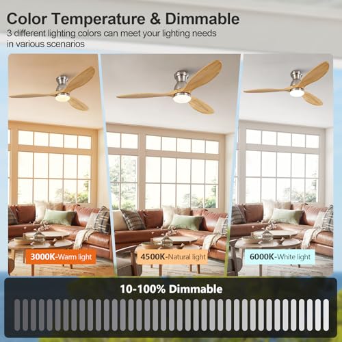 Image of Dimmable 52 Inch Flush Mount Ceiling Fans with Lights and Remote, 3 Blade Wood Bedroom Ceiling Fan with Lights Low Profile Ceiling Fan with Light Brushed Nickel Outdoor Ceiling Fans for Patios