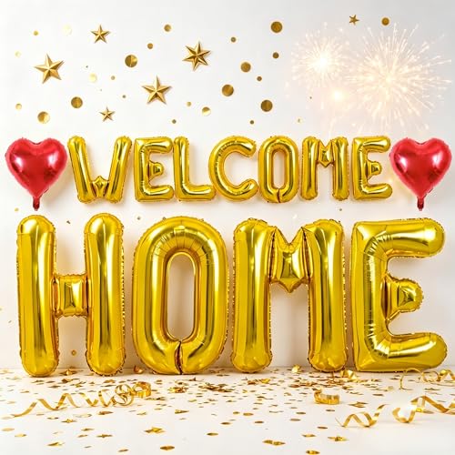 Image of TONIFUL 2 Size Gold WELCOME HOME Foil Letter Balloons Banner Decorations