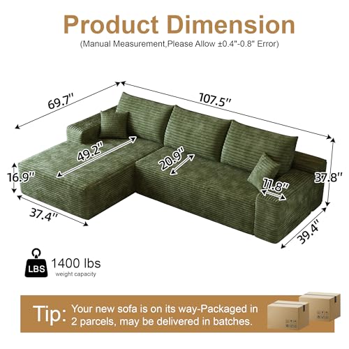 Image of 96 inch Sectional Couches for Living Room Cloud Couch Sofa with L-Shape Upholstered Boneless Couchs Modern Modular Sectional Couch with Chaise