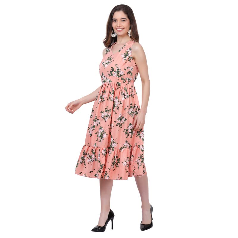 Image of Women's Crepe A-Line Knee Length Dress | Western Sleeveless Dress for Girls | Flared Frock | Frill Midi | Knee Gown