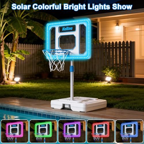 Solar Pool Basketball Hoop Poolside, 4.1-4.8Ft Adjustable Height, 32" Backboard Pool Basketball Goal with Bright Colorful LED Light, Rust-Proof Poolside Basketball with 2 Ball & Pump for Inground Pool by Chowell - Used condition - Image 2