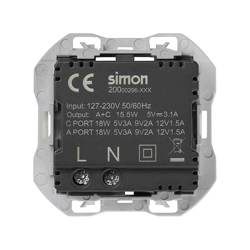 SIMON - Set mit zwei USB-Ladegeräten Typ A+C zum Einbauen, mattschwarz, Simon 270-Serie, 3,1 A, Schnellladung Quickcharge, einfach zu installieren, inklusive Rahmen, Deckel und Mechanismus, doppeltes