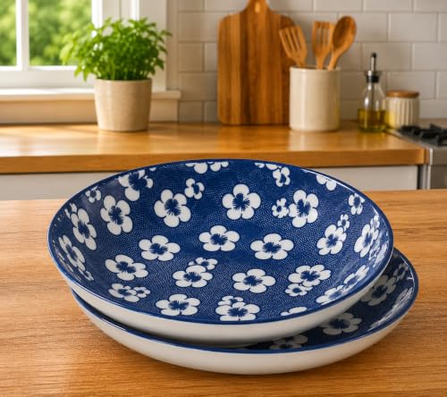 Image of Ceramic Dinner Plates Set of 2, 20.4 cm Round Plates with Blue Floral Pattern, Ceramic Serving Plates, Microwave & Dishwasher Safe for Dinner, Snacks & Desserts(Cherry Blossom Pattern, PACK OF 2)