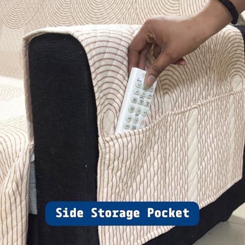 Image of House of Quirk IKATRA Series Quilted Printed Sofa Cover for Indian Sofa Set with Side Pocket - Premium Washable, Anti-Slip, Durable & Ultra Soft Fabric Protector (Beige Loom, Two Seater)