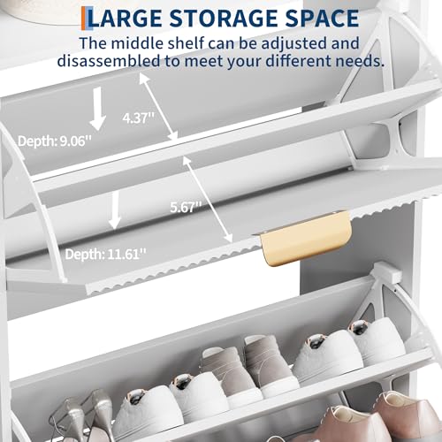 GarveeHome Fluted Shoe Cabinet Storage for Entryway, Wood Shoe Rack with 2 Flip Drawers and Open Shelf, Modern Entryway Organizer for Foyer, Hallway, Entrance, White