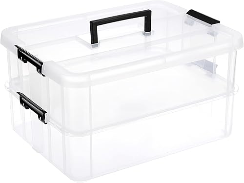 JUXYES Caja de almacenamiento apilable de 2 niveles con asa, contenedor de almacenamiento apilable transparente con tapa de asa, contenedor de