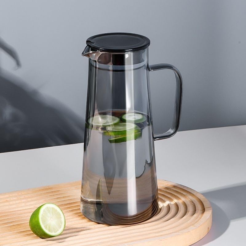 Image of Wringo Premium Black Glass Waters Jugs - 1.8 LTR, (Set of 1) Transparent, Hot Cold Water Glass Pitcher with Steel Lid Water Jug, Iced Tea, Milk and Juice Beverage Carafe, Lemon Jug 1800ML (WQ-10)