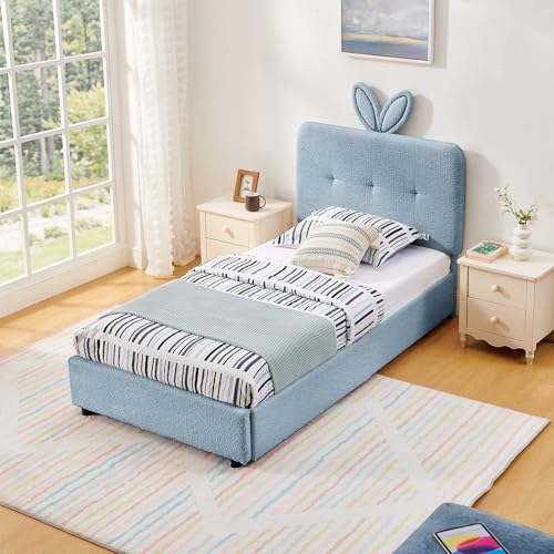 Image of Twin Led Bed Frame with 4 Storage Drawer, Upholstered Platform Floor Bed with Rabbit Ear Headboard Daybed Strong Wooden Slats No Box Spring Needed for Kids Girls Boys, Blue