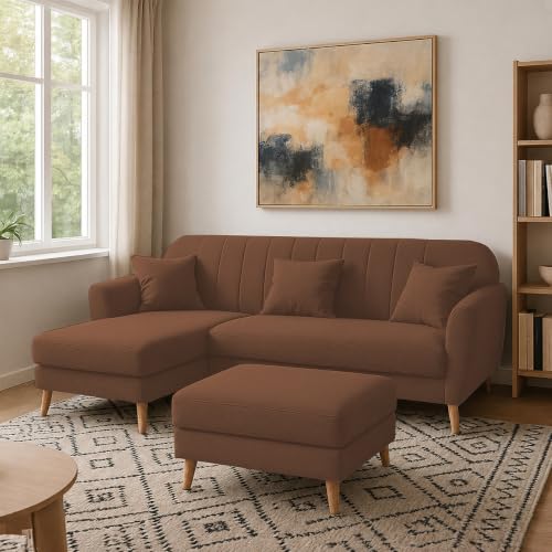 Image of Atticus LHS 4 Seater L Shape Sofa Set with Ottoman for Living Room (Brown Fabric) Premium Fabric Sofa Set
