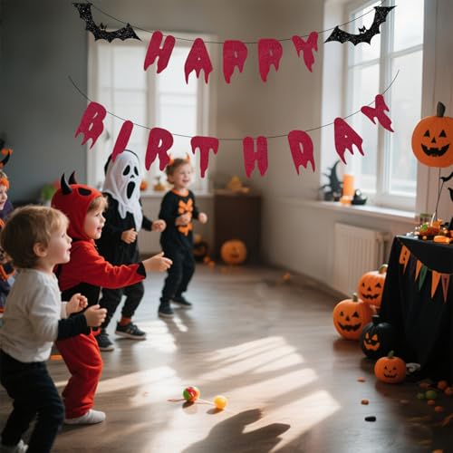 Image of Halloween Happy Birthday Banner - Red Glitter Bloody Paper Garland Spooky Birthday Decorations for Halloween Vampire Bat Theme Party Supplies