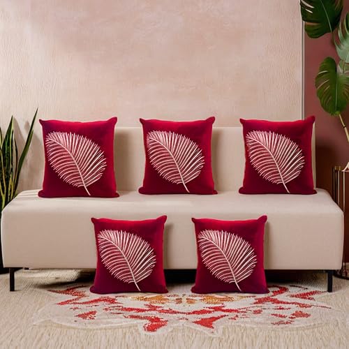 Decoghar | Maroon| Handmade Sofa Cushion Covers 18 X 18 Inch | Set of 5 with Golden Zari Leaf Embroidered Square Throw Pillow Cushion Cover for Decorate Your Room | 45X45 Cm|