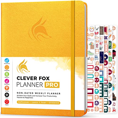 Clever Fox Planer PRO - Wöchentlicher & monatlicher Lebensplaner zur Steigerung der Produktivität, Zeitmanagement und Erreichung Ihrer Ziele - Organizer, Für 1 Jahr, A4, Undatiert - Bernsteingelb Cover
